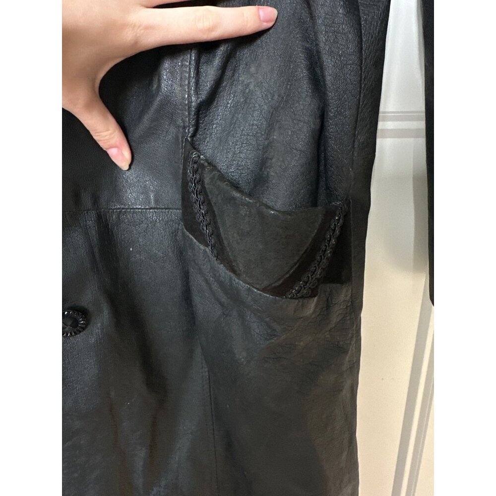 Vtg Pelle Leather Trench Coat Women Small 80s Long Embossed Mobwife Shoulder Pad - Picture 4 of 11
